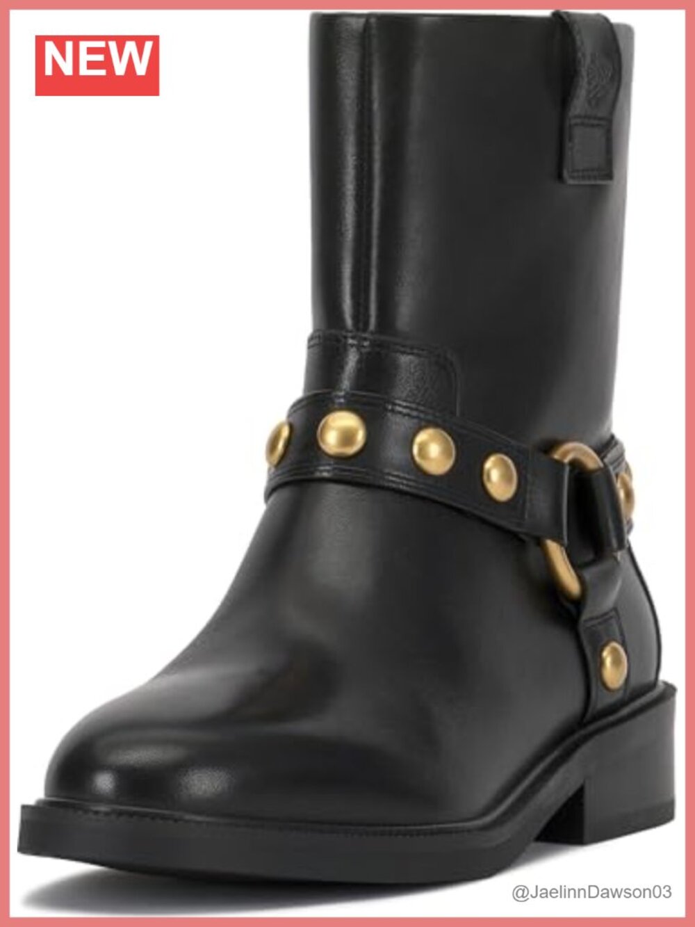 Leather Mid-Calf Moto Biker Boots Studded Harness Zip Almond Toe